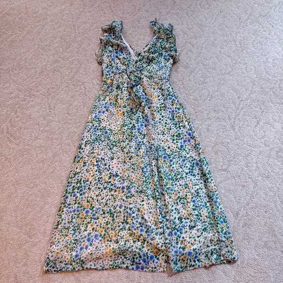 ZARA Floral Chiffon Midi Dress Green Yellow Ruffle Slit Size Small Romantic EUC - Picture 5 of 11